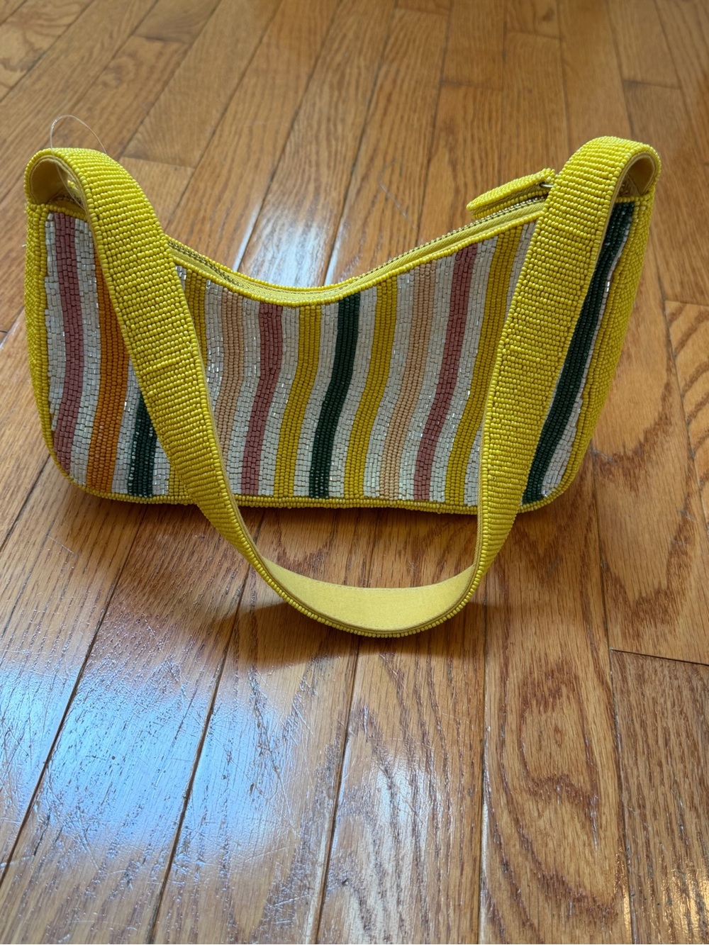 new Anthropologie asymmetrical beaded shoulder bag yellow multicolor stripe - Picture 11 of 14